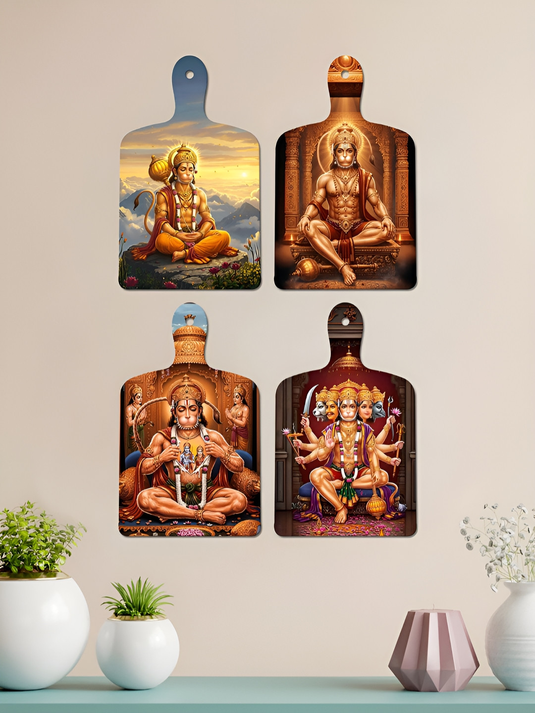 ArtVibes Hanuman Art Wall Wood Ethnic Motifs Glossy Hall 4Pcs Spiritual Wall Decor-9In