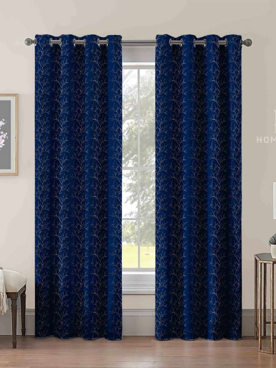 Aura Navy Blue & Gold-Toned 2 Pieces Floral Foil Printed Long Door Curtains