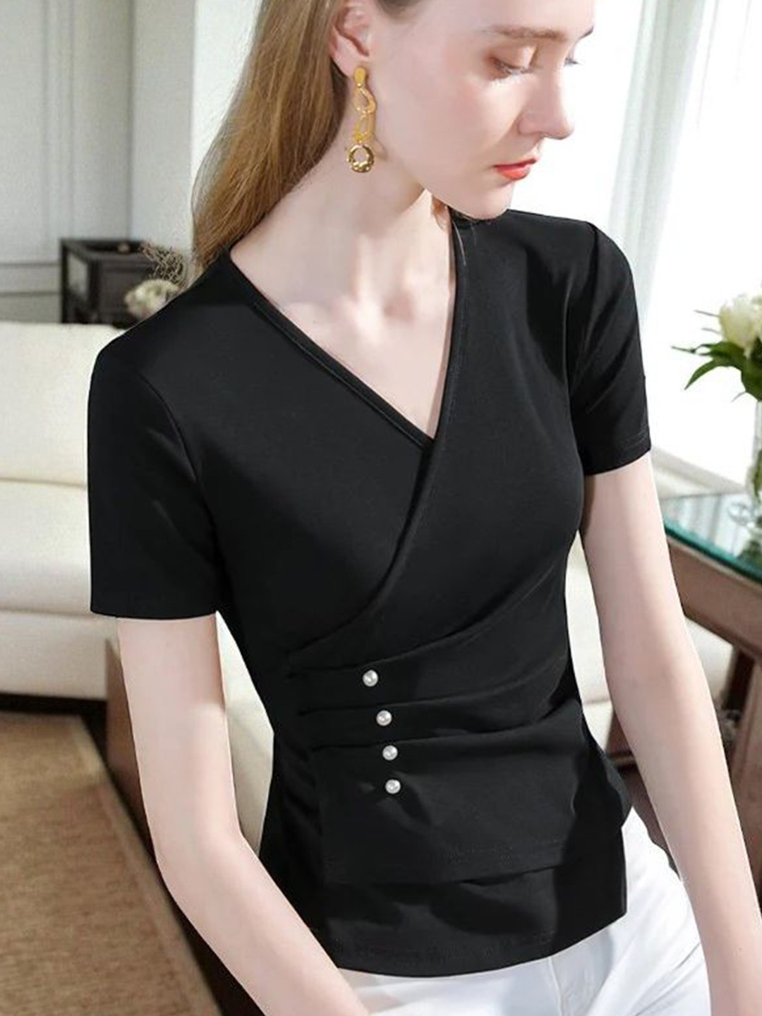 IUGA Women V-Neck Ruched Wrap Top