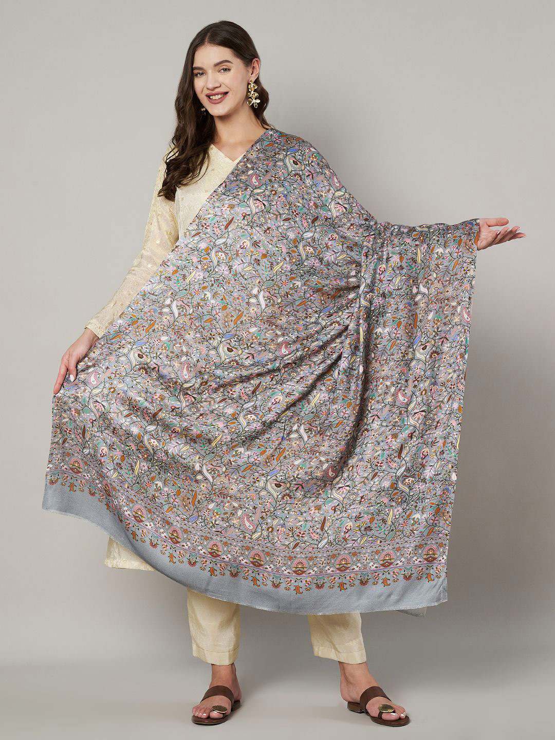 MUFFLY Kalamkari Floral Printed Bamboo Shawl