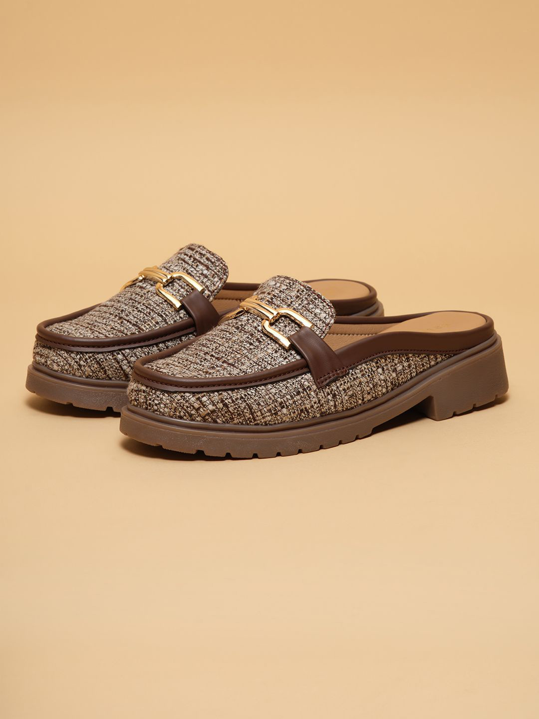 ERIDANI Arthur Women Woven Buckle Block Heel Mules