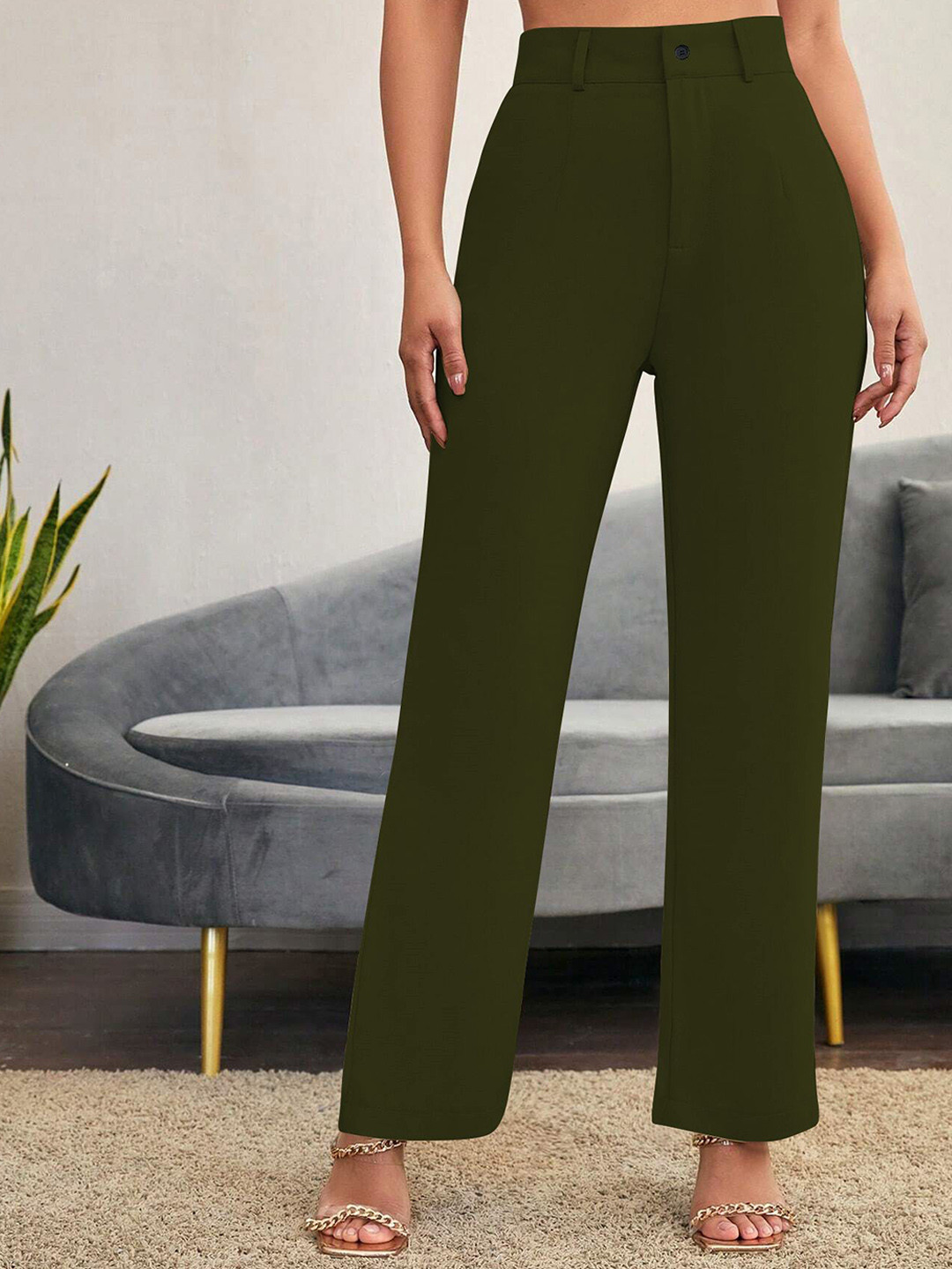 KERI PERRY Women Relaxed Straight Leg Bootcut High-Rise Flat-Front Regular Trousers