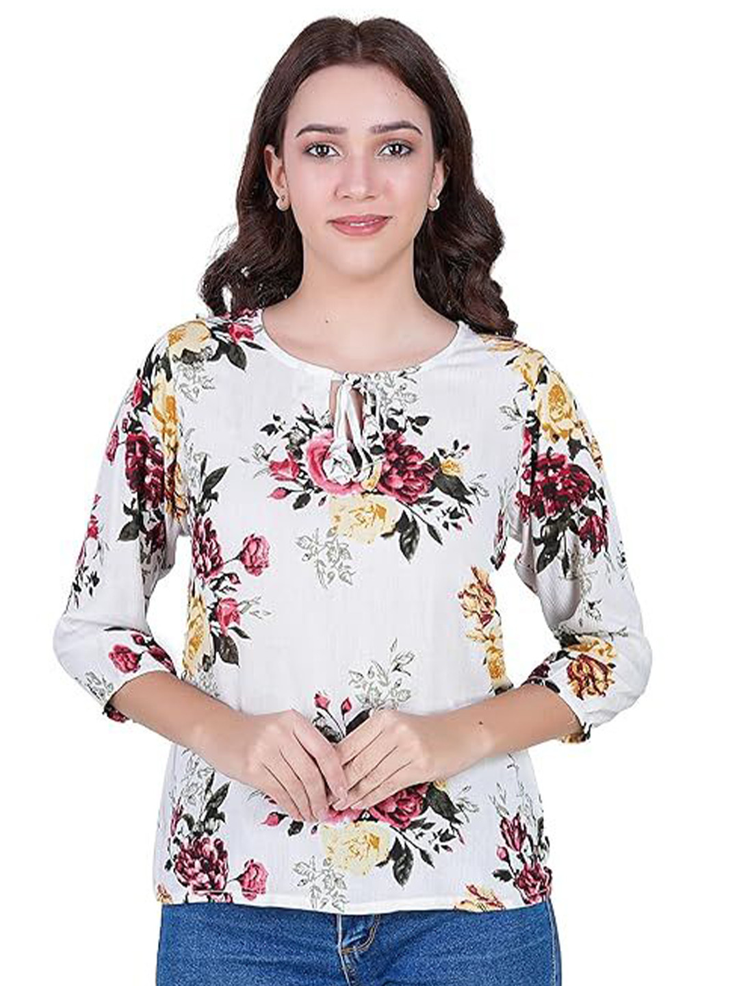 IB STYLES Women Floral Tie-Up Neck Puff Sleeves Top