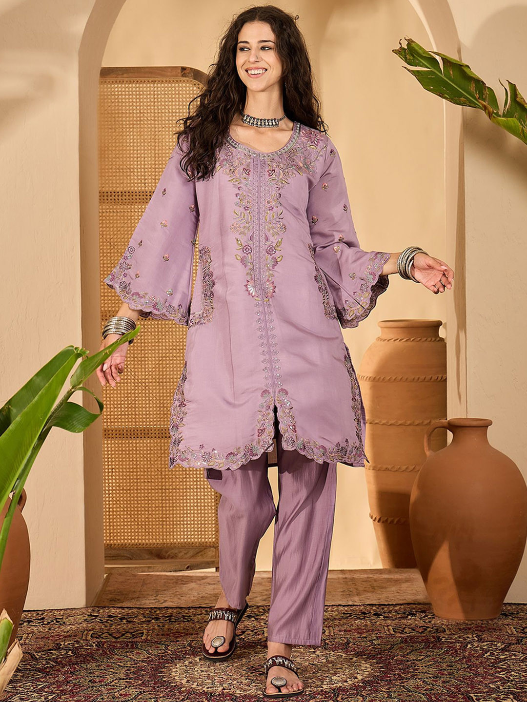 Sangria Pure-Roman Silk Embroidered Tunic With Trouser Co-Ords