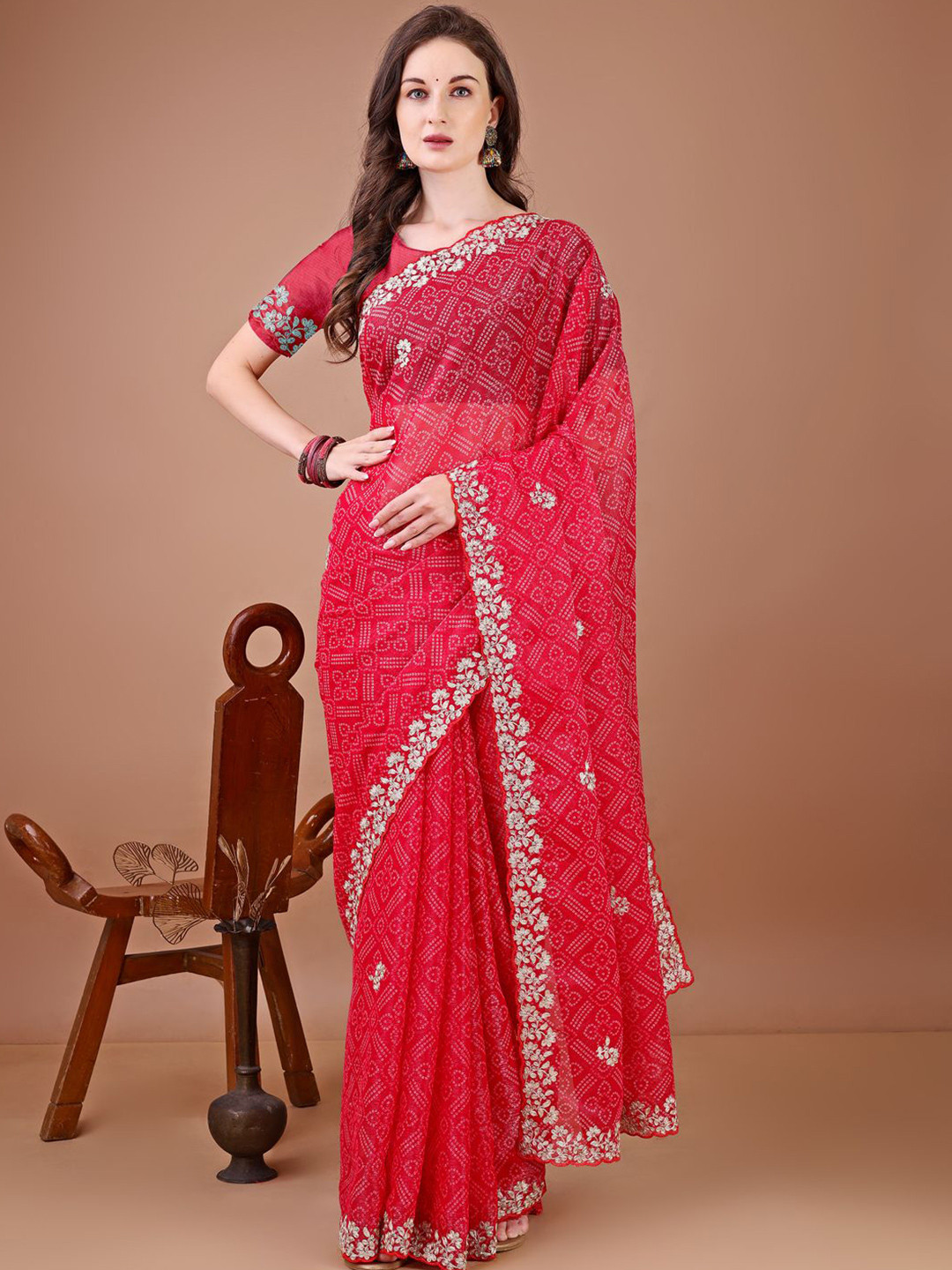 KALINI Bandhani Printed Zari Embroidered Border Bandhani Saree with Blouse Piece