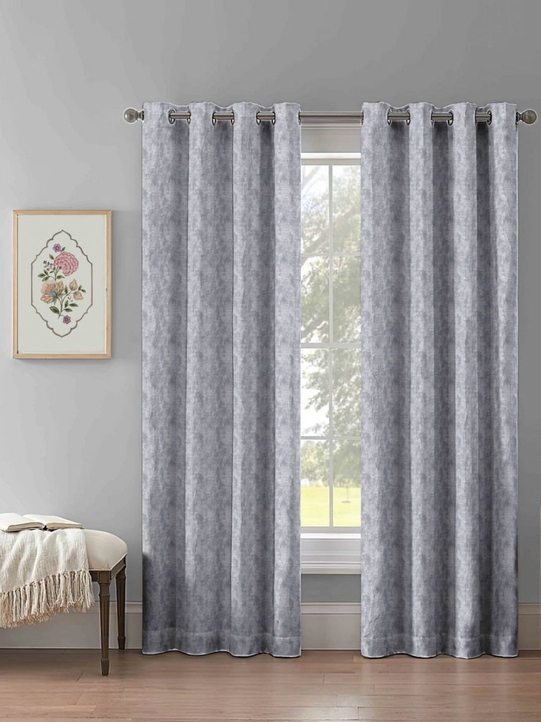 Aura Grey 2 Pieces Floral Printed Jacquard Door Curtains
