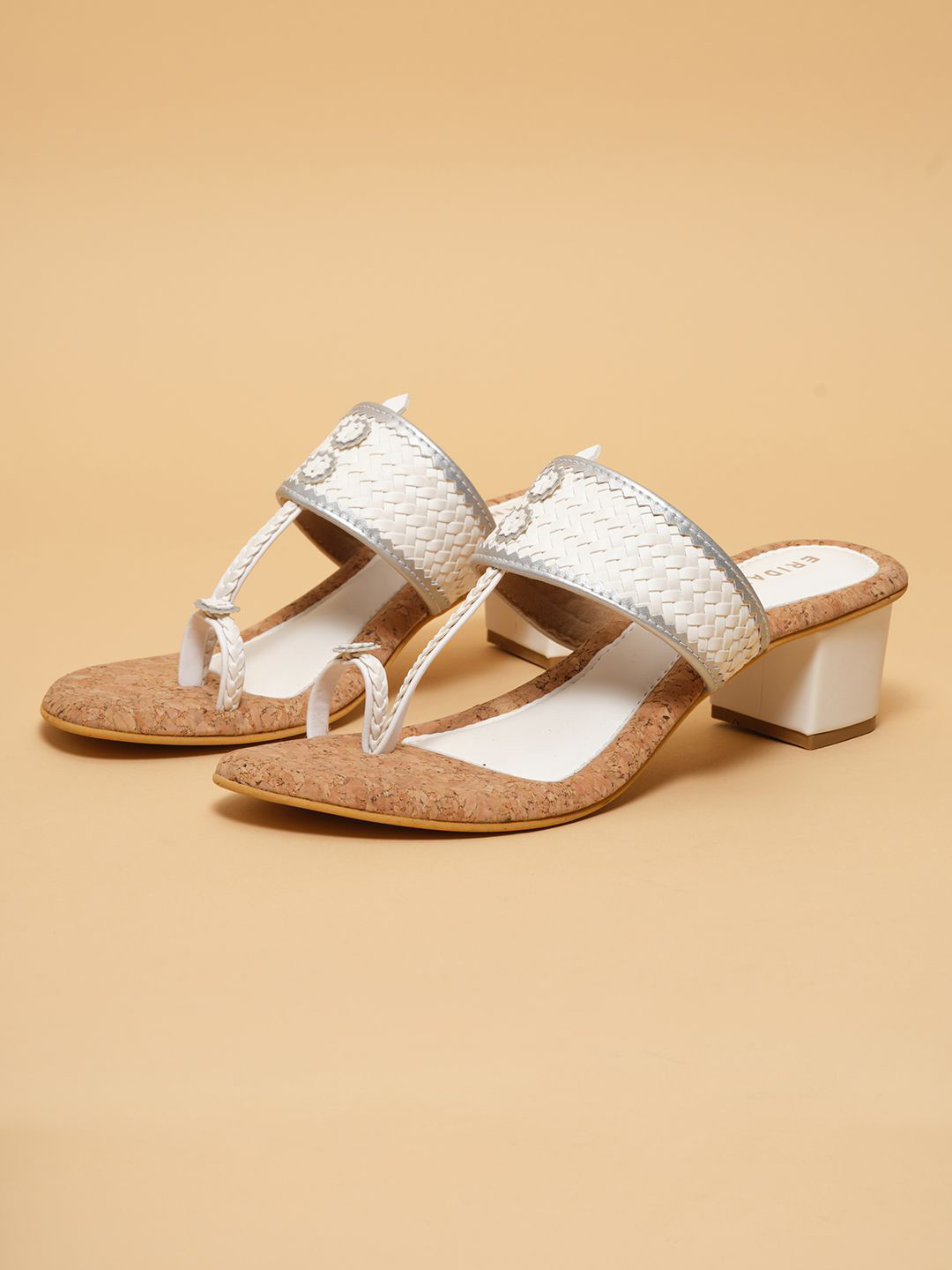 ERIDANI Women Woven Design Block Kolhapuri Heels Sandals