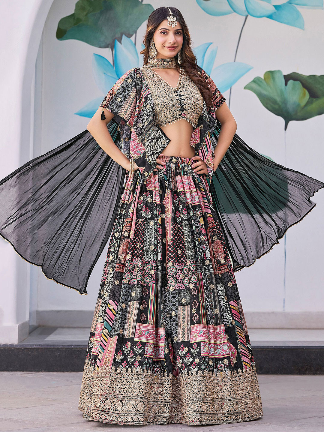 FABPIXEL Prrinted Zari Chinnon Silk Semi-Stitched Lehenga & Unstitched Blouse With Dupatta
