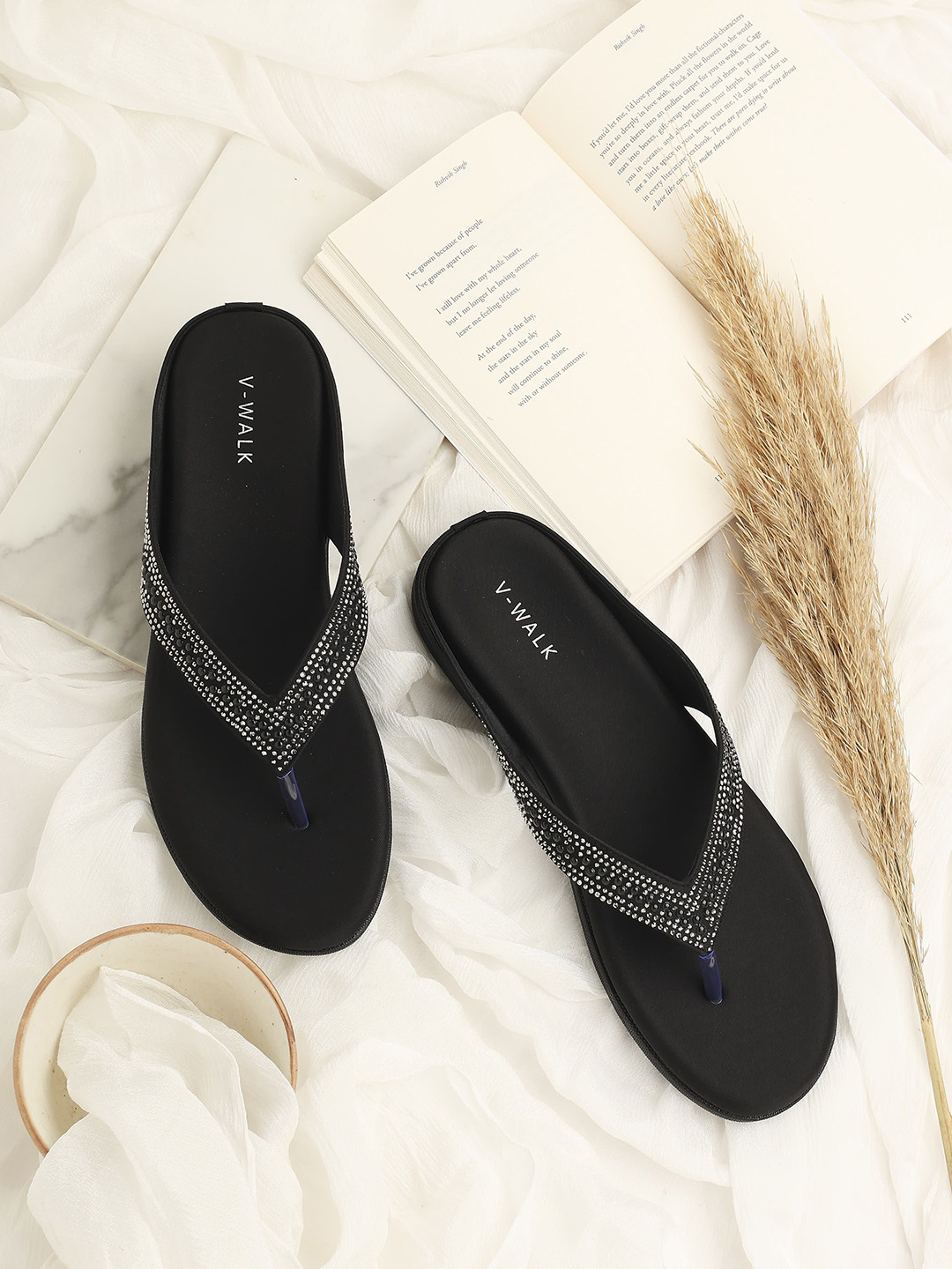 V-WALK Women Stone Embellished Open Toe T-Strap Flats with Western - Embellished