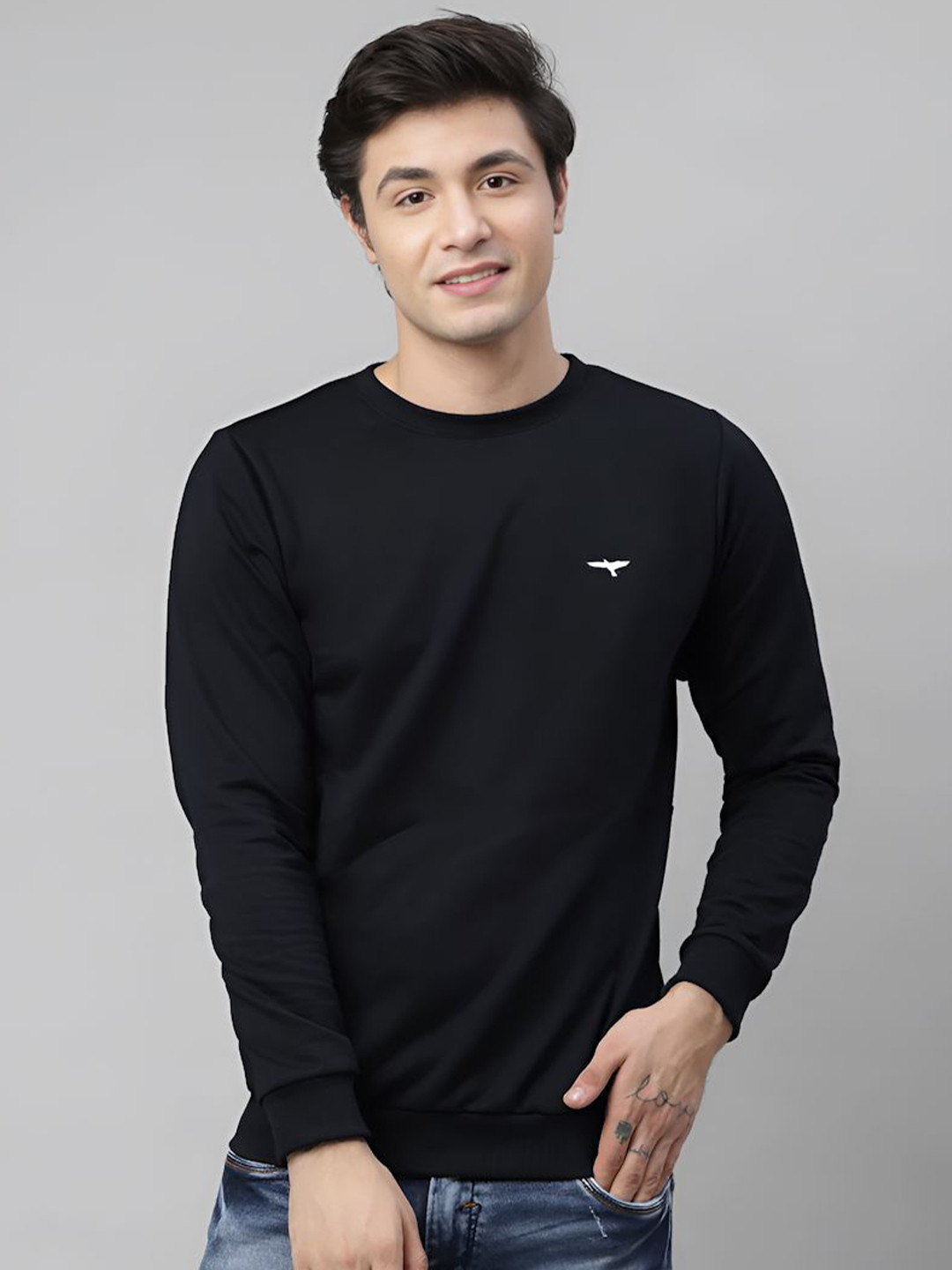 REYA Men Solid Round Neck Pullover Cotton Sweatshirt