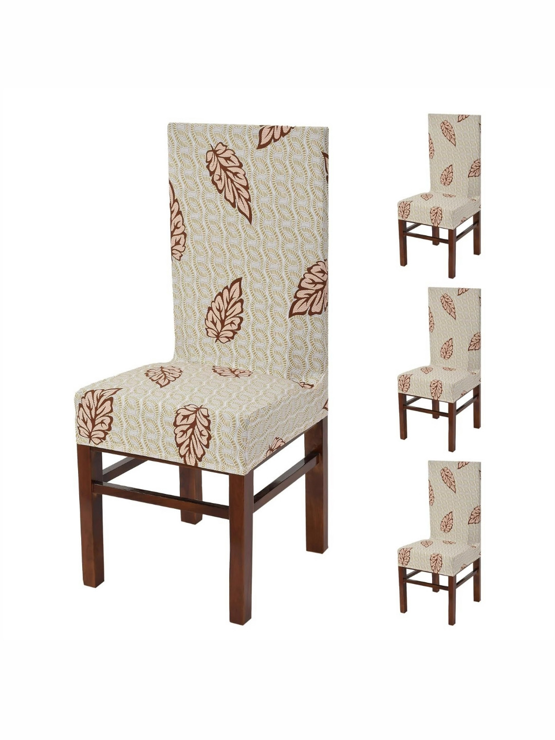 Yellow Weaves White & Brown 4 Pieces Printed Stretchable Chair Covers