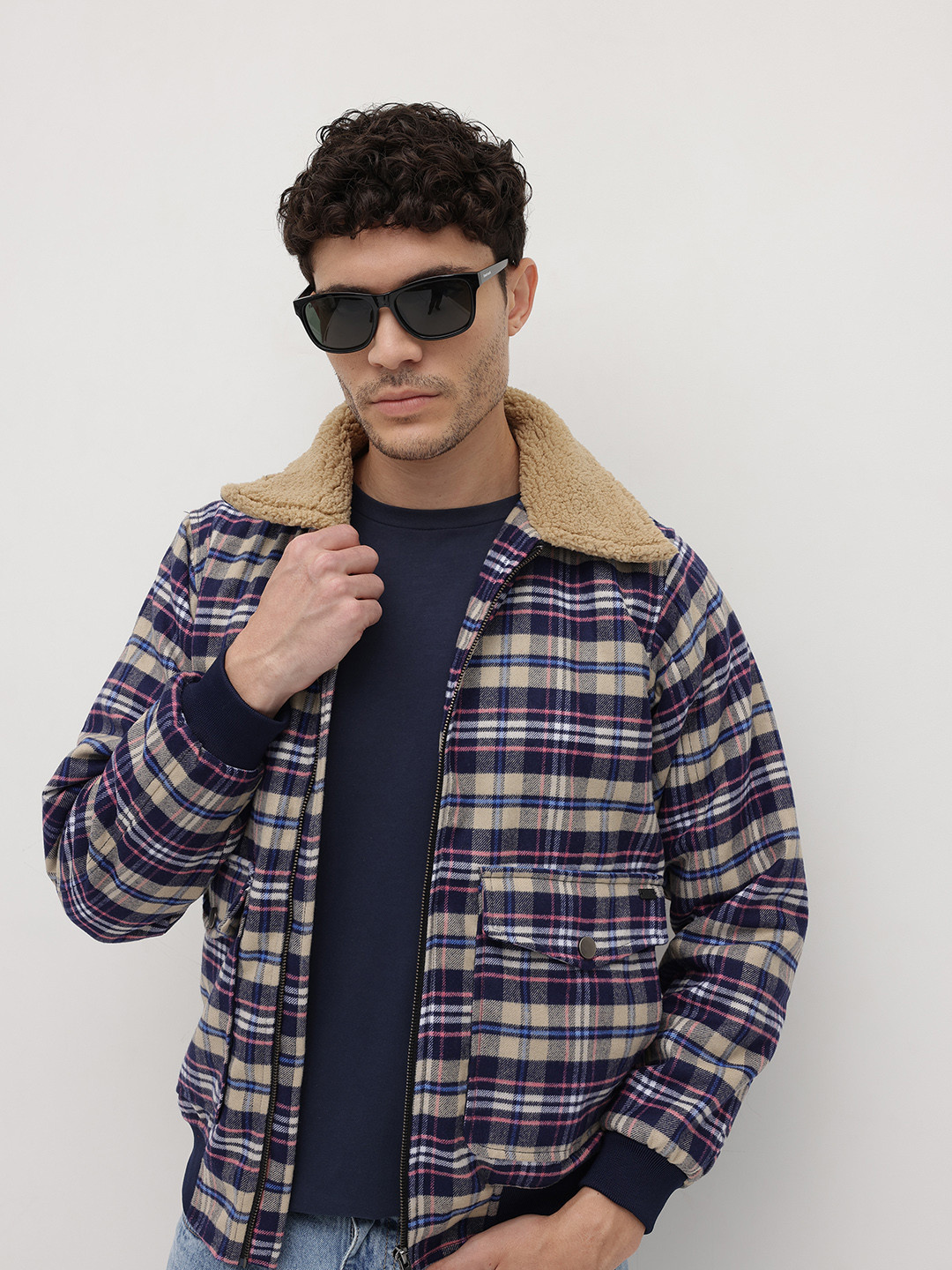 The Roadster Life Co. Tartan Checked Fleece Spread Collar Bomber Jacket