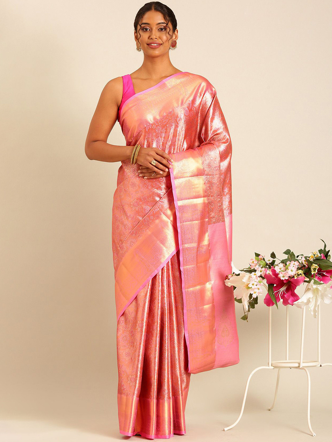 Taashi Floral Print Woven Design Zari Kanjeevaram Saree