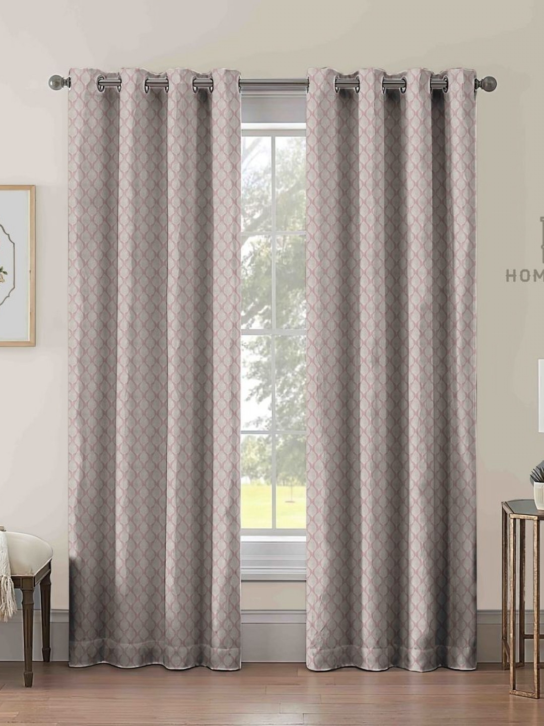 Aura Rose Gold & Cream 2 Pieces Ethnic Motifs Printed Room Darkening Long Door Curtains