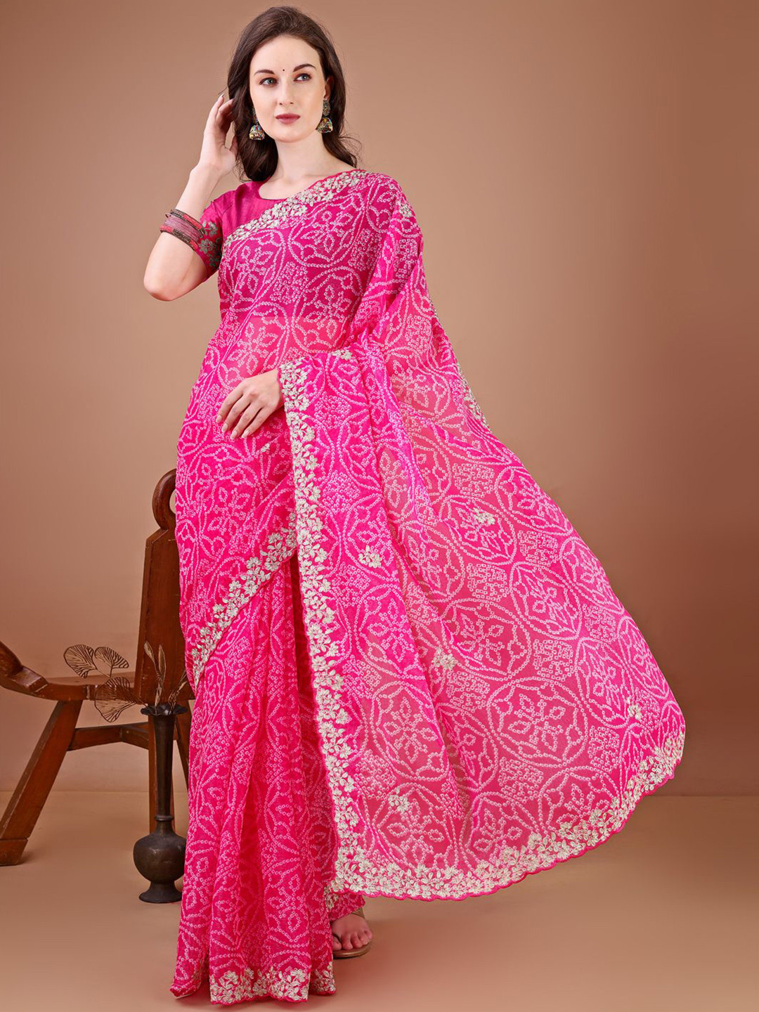 KALINI Embroidered Border Bandhani Saree