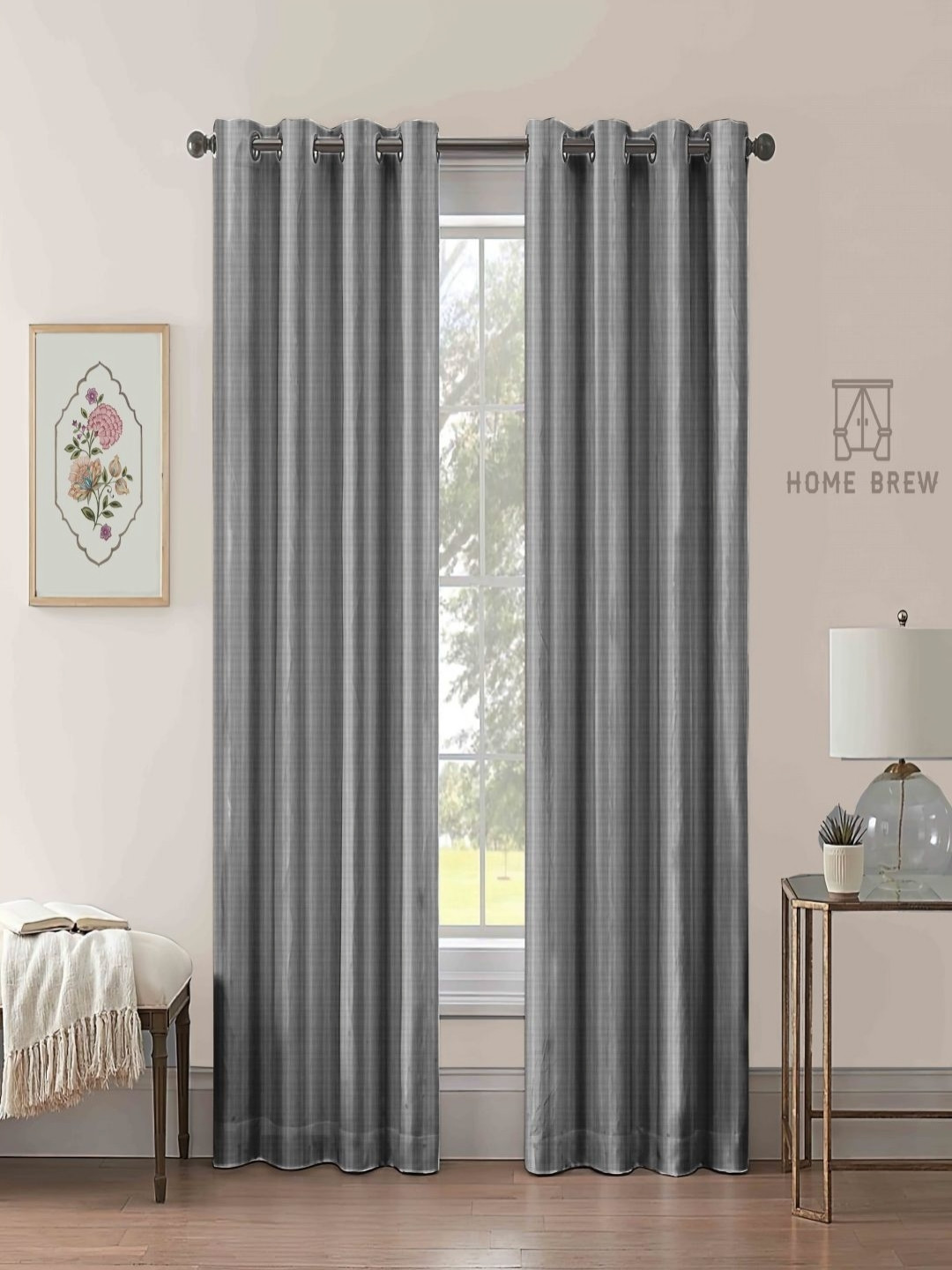 Aura Grey 2 Pieces Checked Room Darkening Long Door Curtains