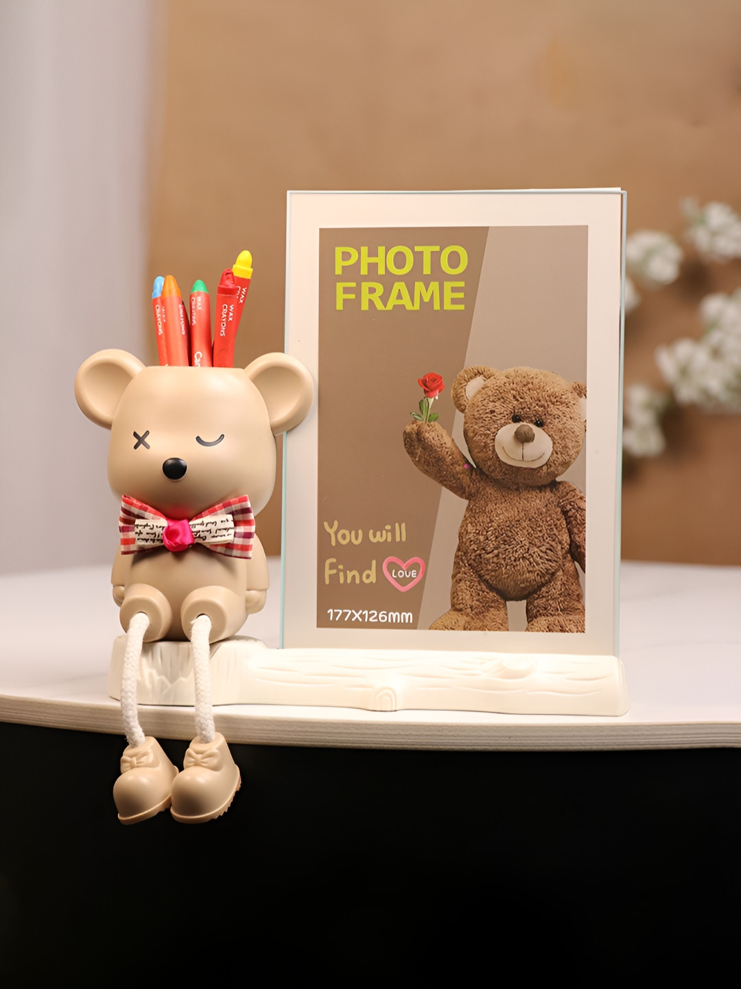 Art Street White & Beige Cute Teddy Bear Table Photo Frame With Pen Holder