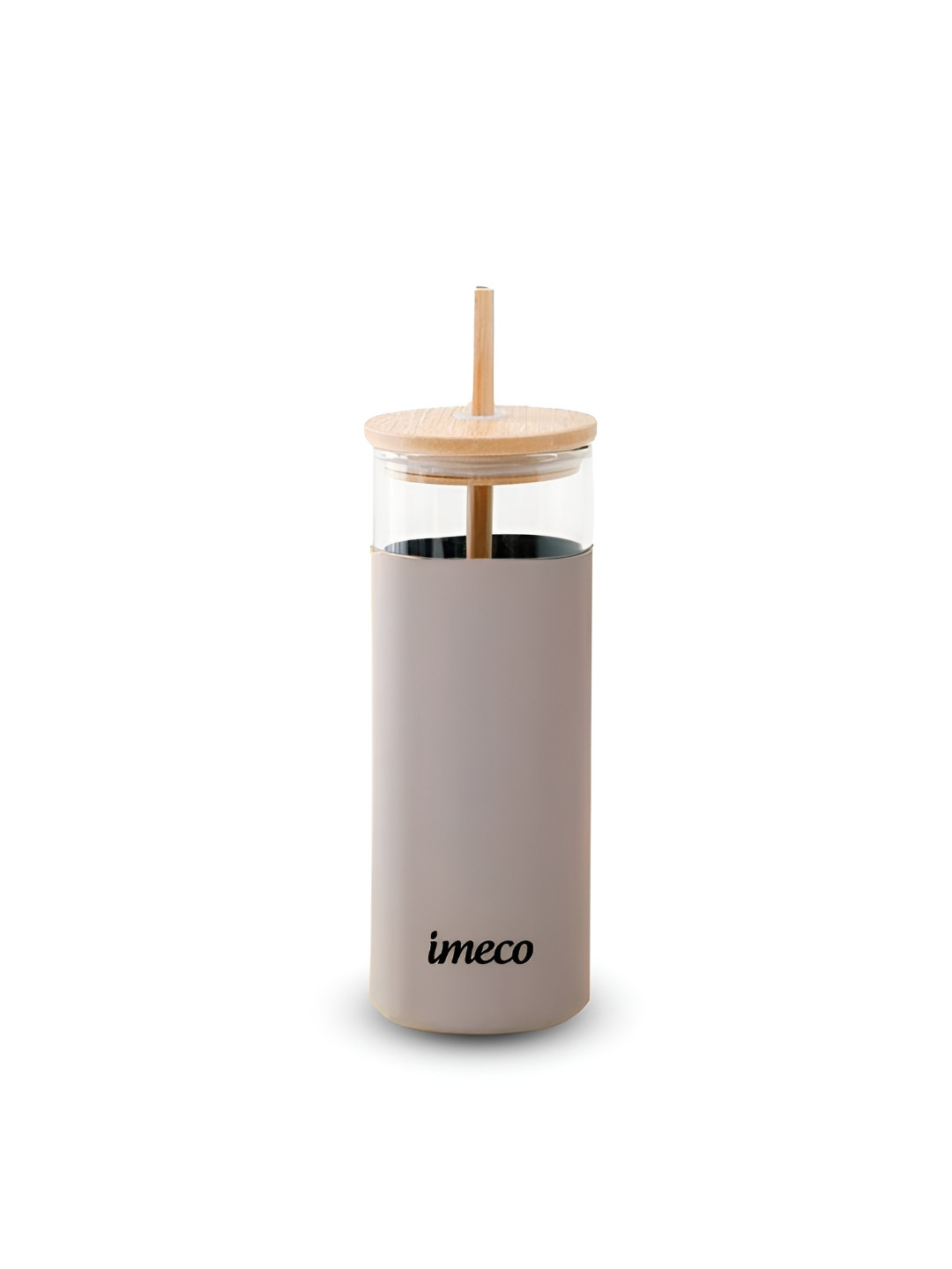 IMECO Grey Glass Single Wall Vacuum Water Tumbler With Bamboo Lid & Straw 450ml