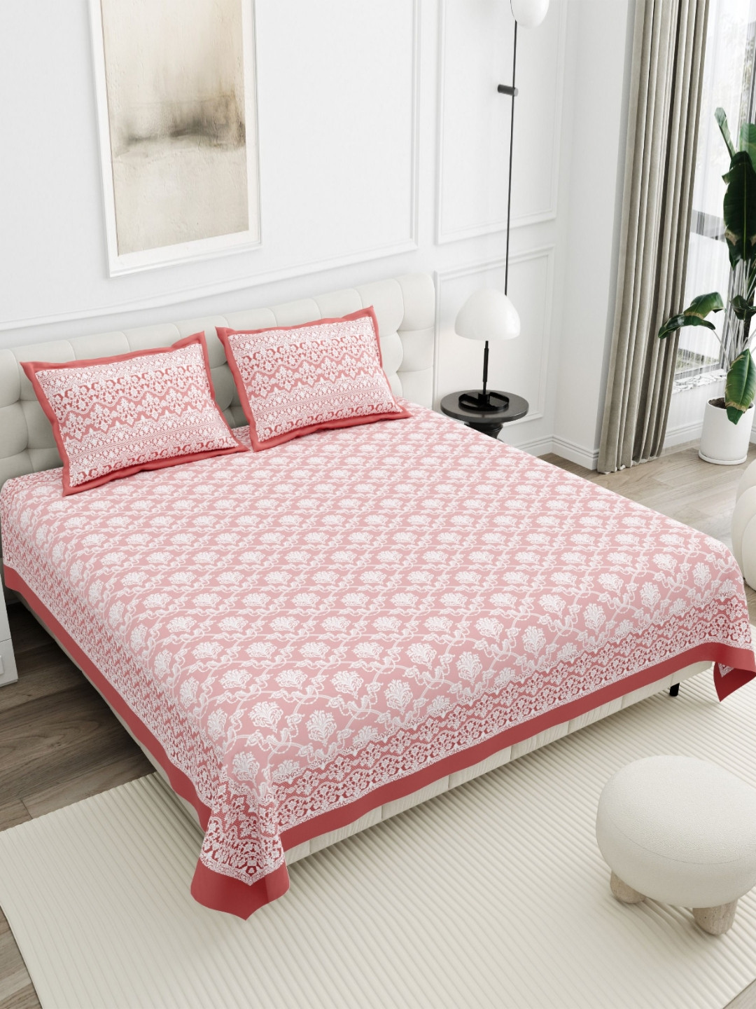 SWITCHON Pink & White Floral 300 TC King Cotton Bedsheet -2.54 m x 2.74m