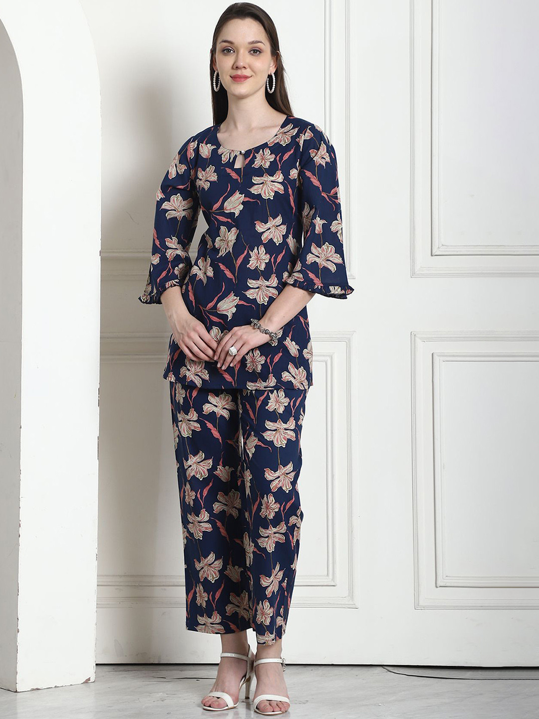 KALINI Women Foral Printed Pure Cotton Top With Trousers Co-ords
