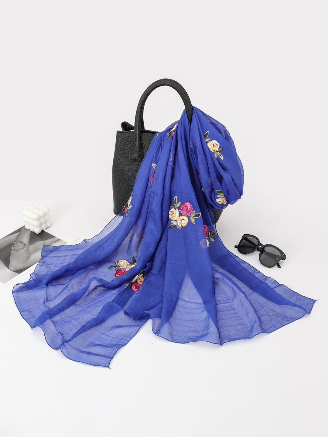 QUECY Women Floral Embroidered Taping Border Scarf