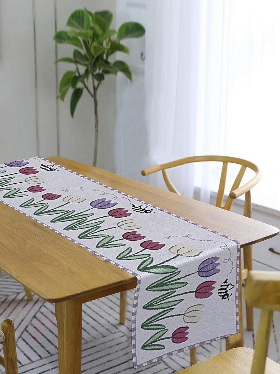 PRAKARTIK White & Green Floral Printed Pure Cotton Durable TableRunner