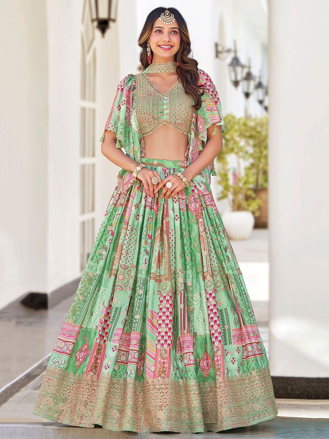 FABPIXEL Prrinted Zari Chinnon Silk Semi-Stitched Lehenga & Unstitched Blouse With Dupatta