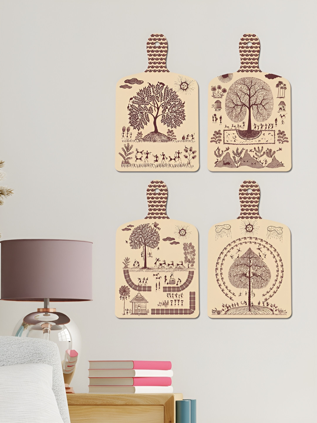 ArtVibes Warli Art Wood Antique Hanging Hall 4Pcs Wall Hangings-47In