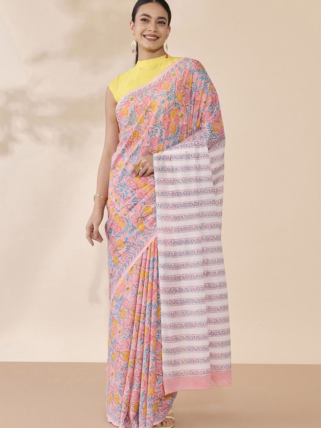 Taneira Ethnic Motifs Jaali Pure Cotton Block Print Saree
