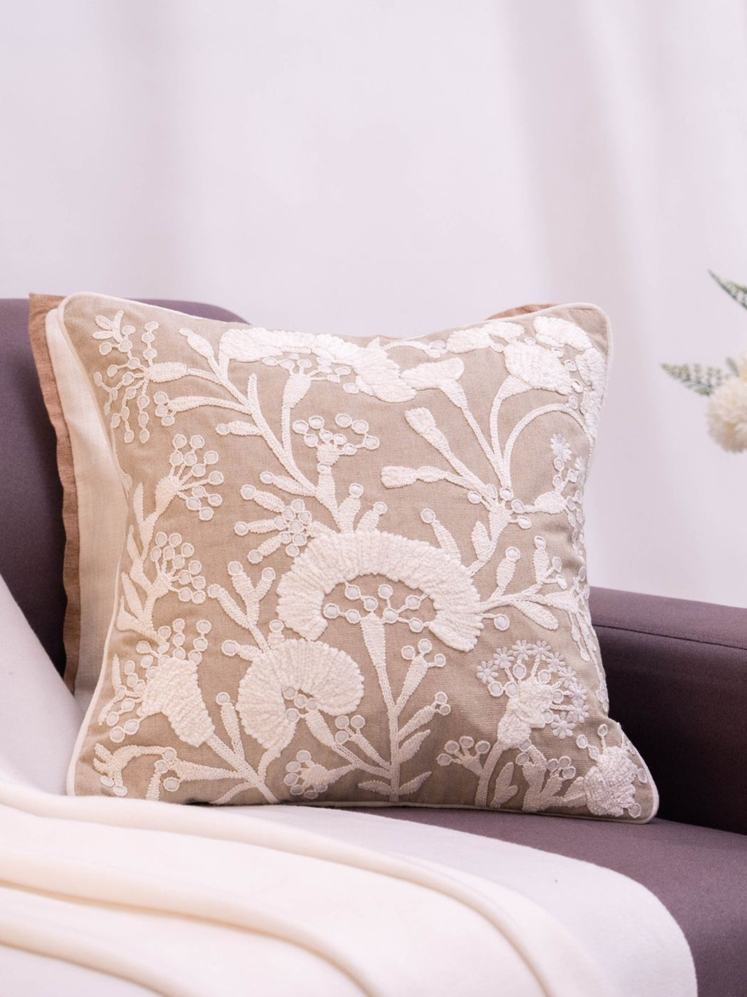 haus & kinder Serene Foliage Beige & White Embroidered Cotton Square Cushion Cover