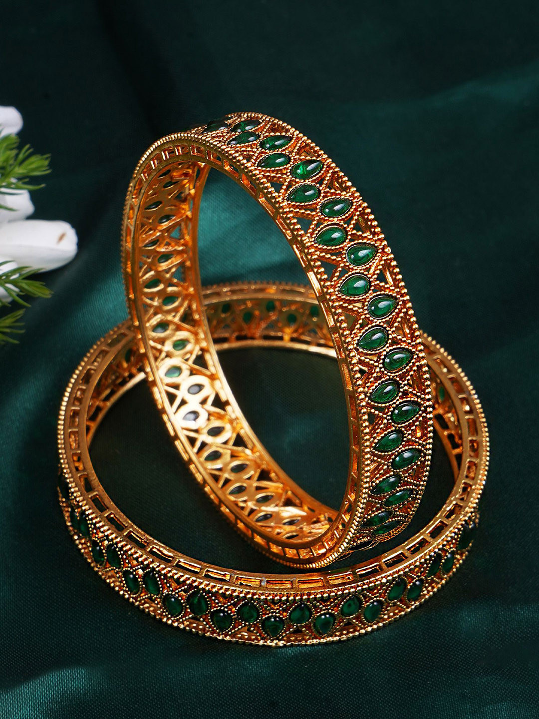 Adwitiya Collection Set Of 2 Gold-Plated Kundan & Emerald Stone Studded Bangles