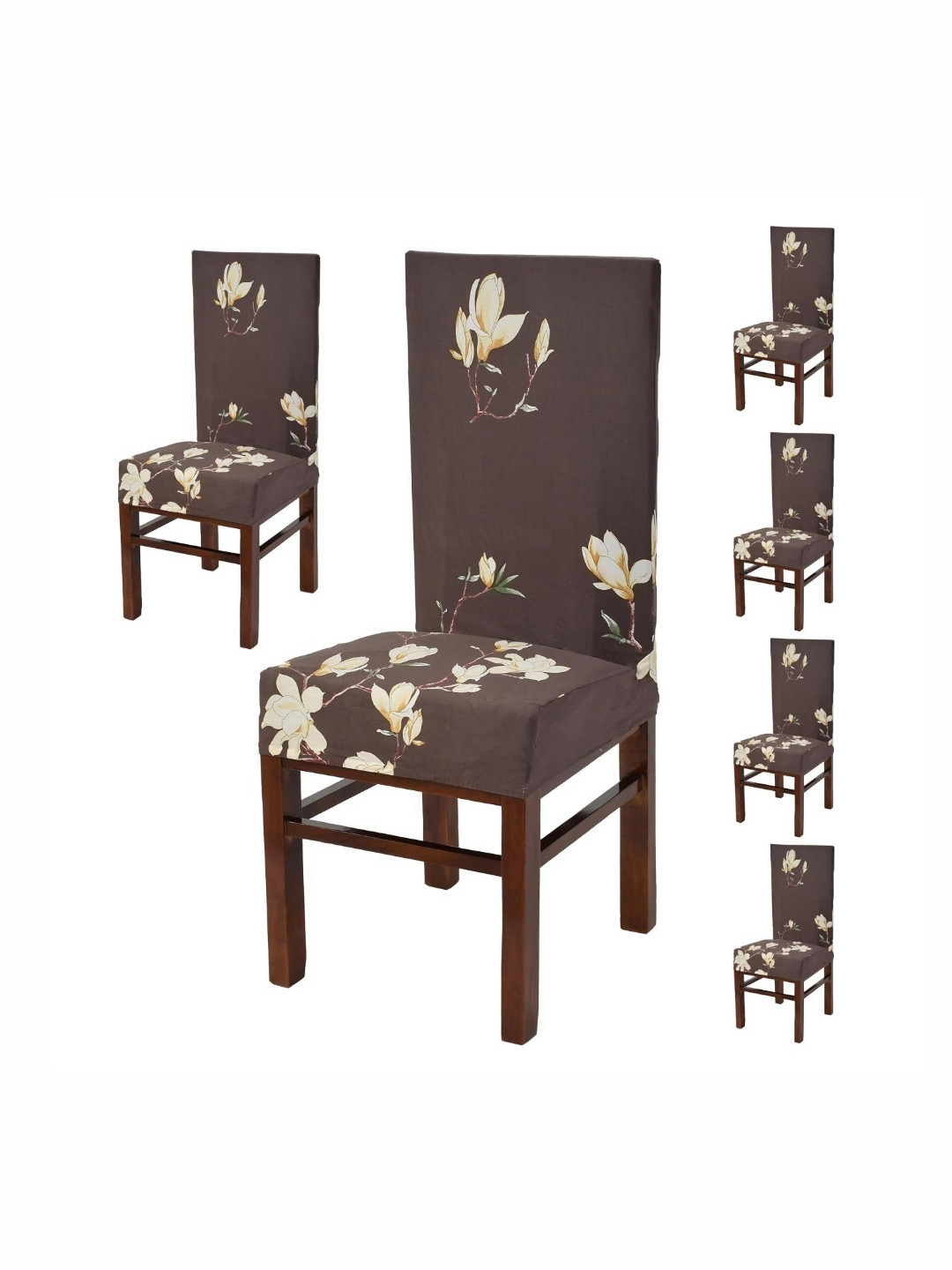 Yellow Weaves Brown & Cream Colored 6 Pieces Printed Stretchable Chair Covers