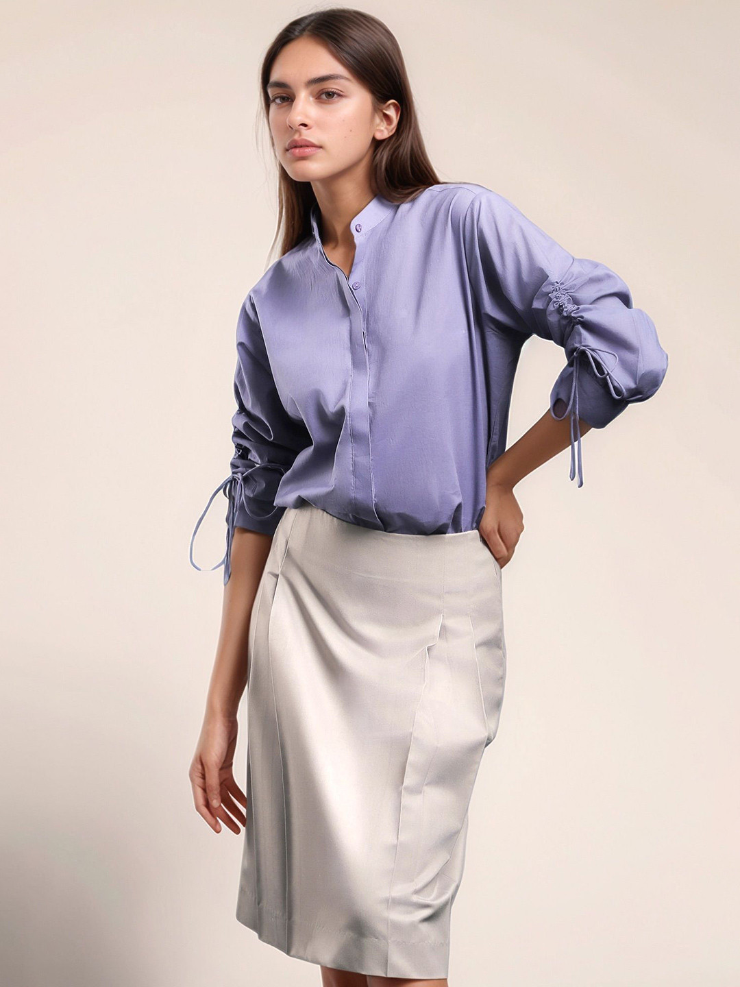 Dheeraj Sharma Women Solid Mandarin Collar Cotton Casual Shirt