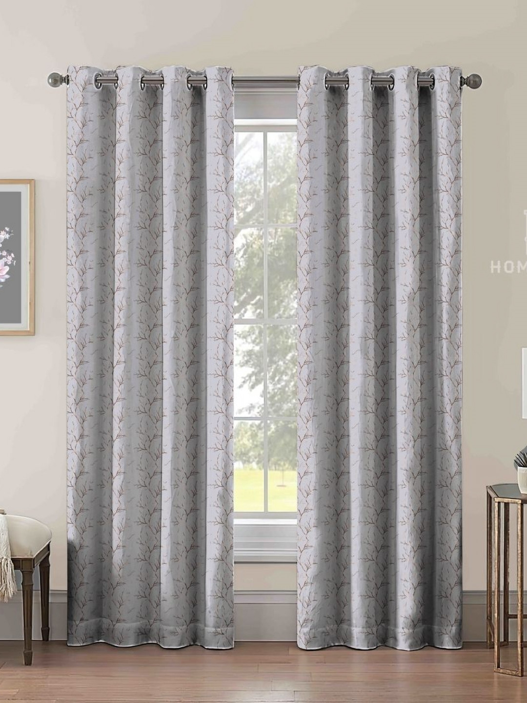 Aura Grey & Gold-Toned 2 Pieces Floral Foil Printed Door Curtains