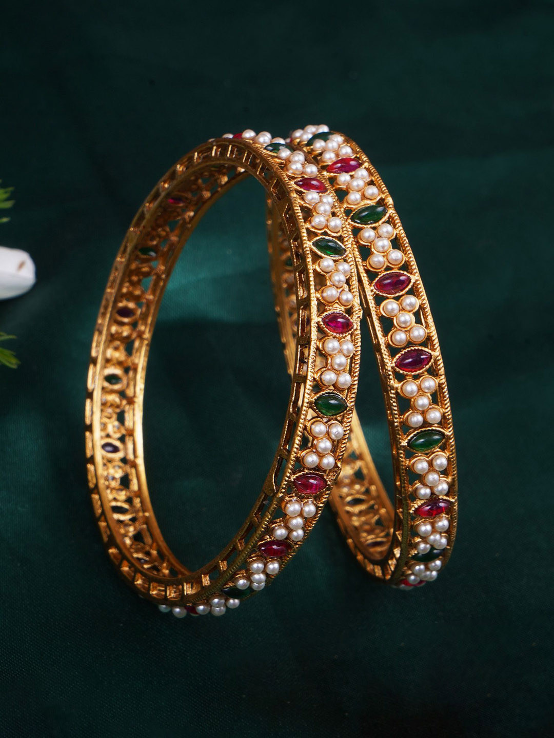 Adwitiya Collection Set Of 2 Gold-Plated Ruby Emerald & Pearls Stone Studded Bangles
