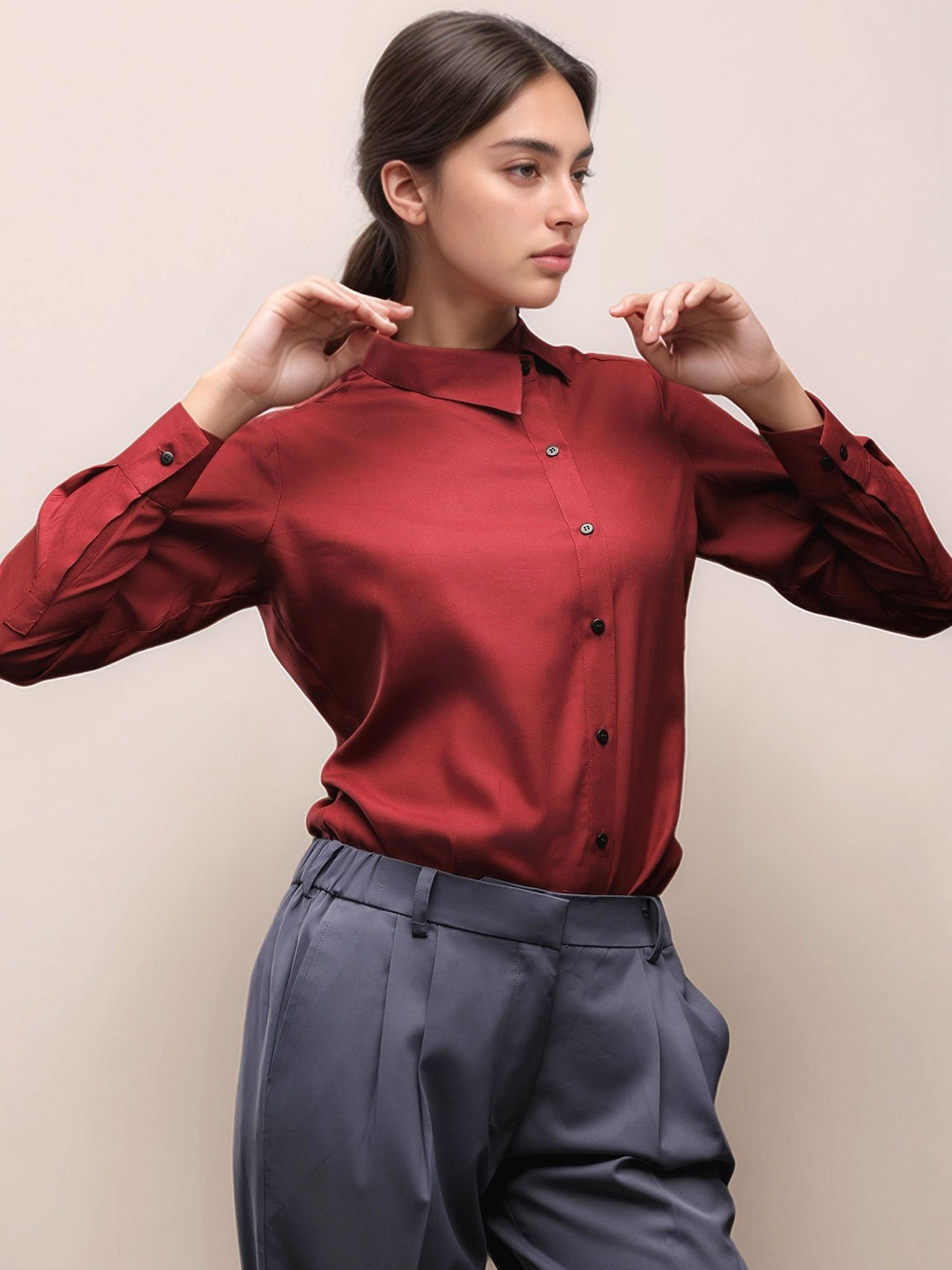 Dheeraj Sharma Women Solid Spread Collar Cotton Casual Shirt