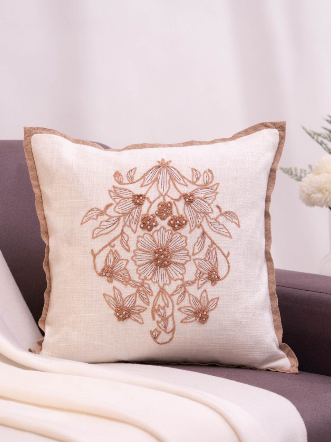 haus & kinder Ivory Grace White & Brown Embroidered Cotton Square Cushion Cover