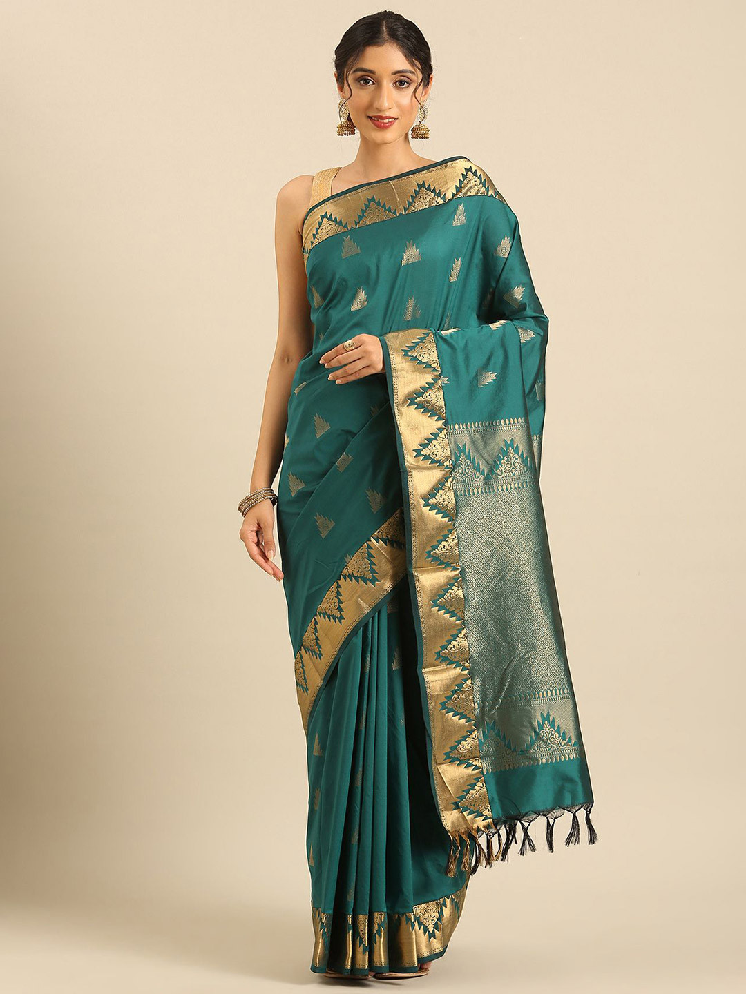 Taashi Temple Butta Zari Semi Kanjeevaram Saree