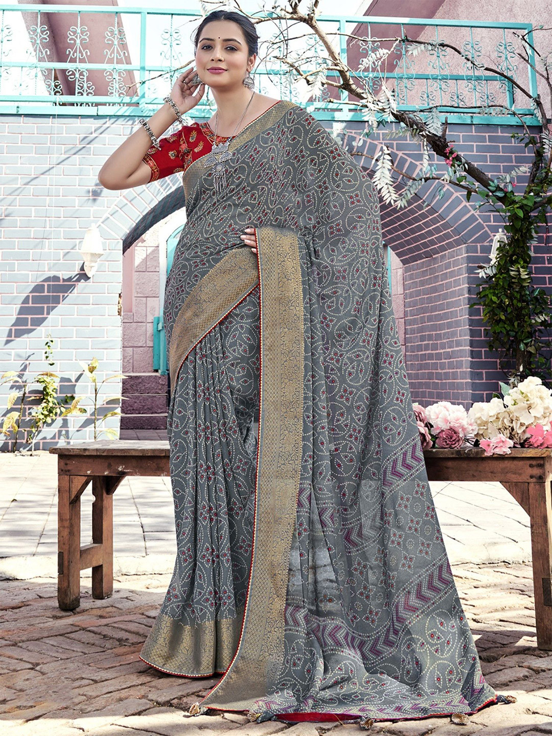 KALINI Bandhani Printed Saree with Zari Woven Design Border