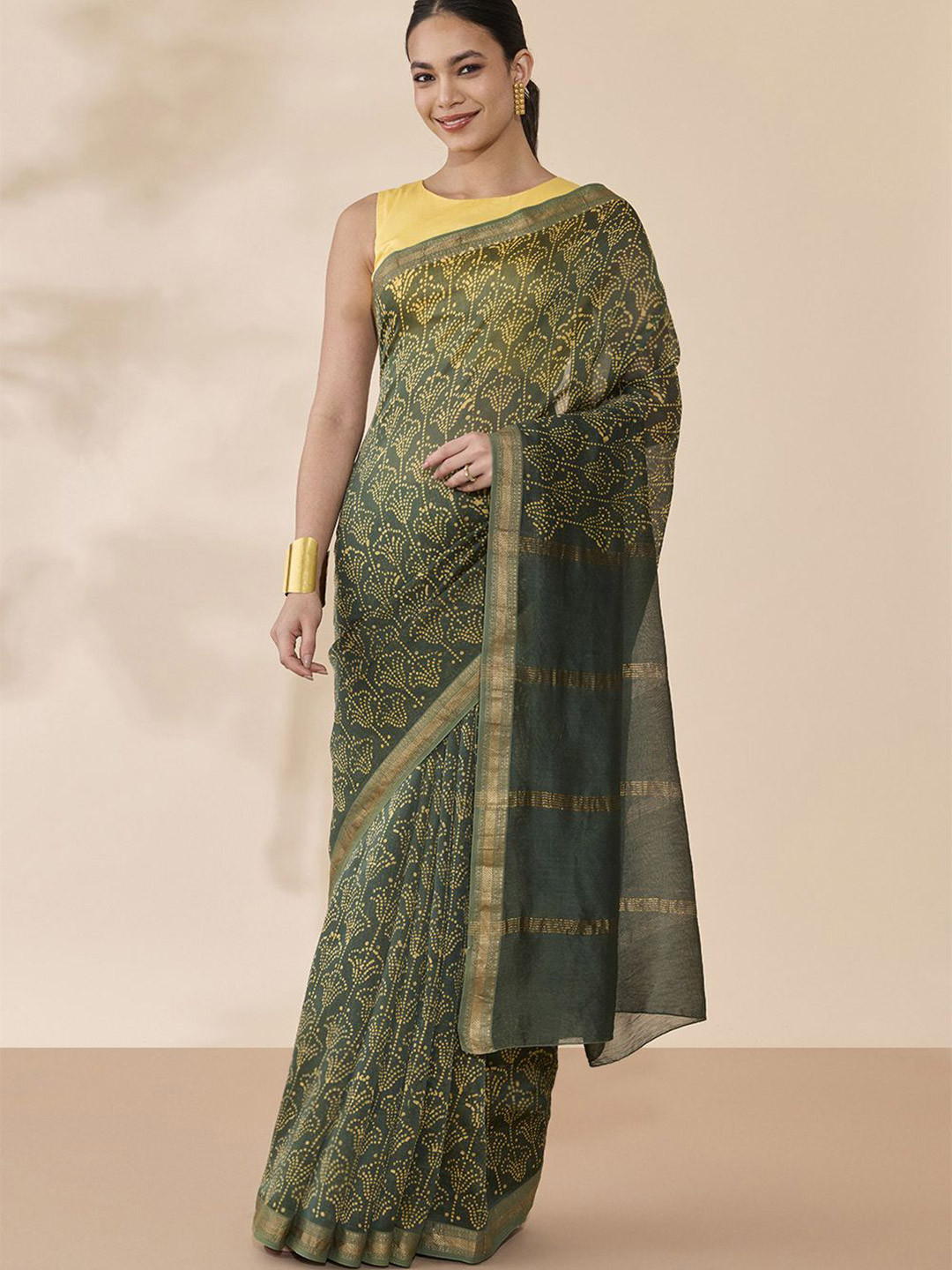 Taneira Batik Printed Zari Border Pure Silk Block Print Saree