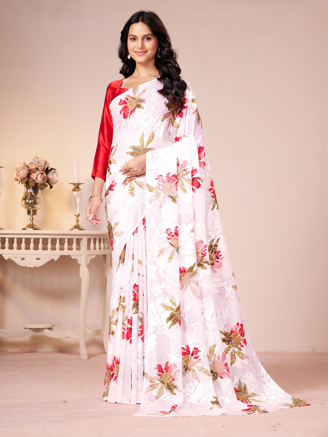 Garden Vareli Floral Printed Brasso Saree with Satin Blouse Piece