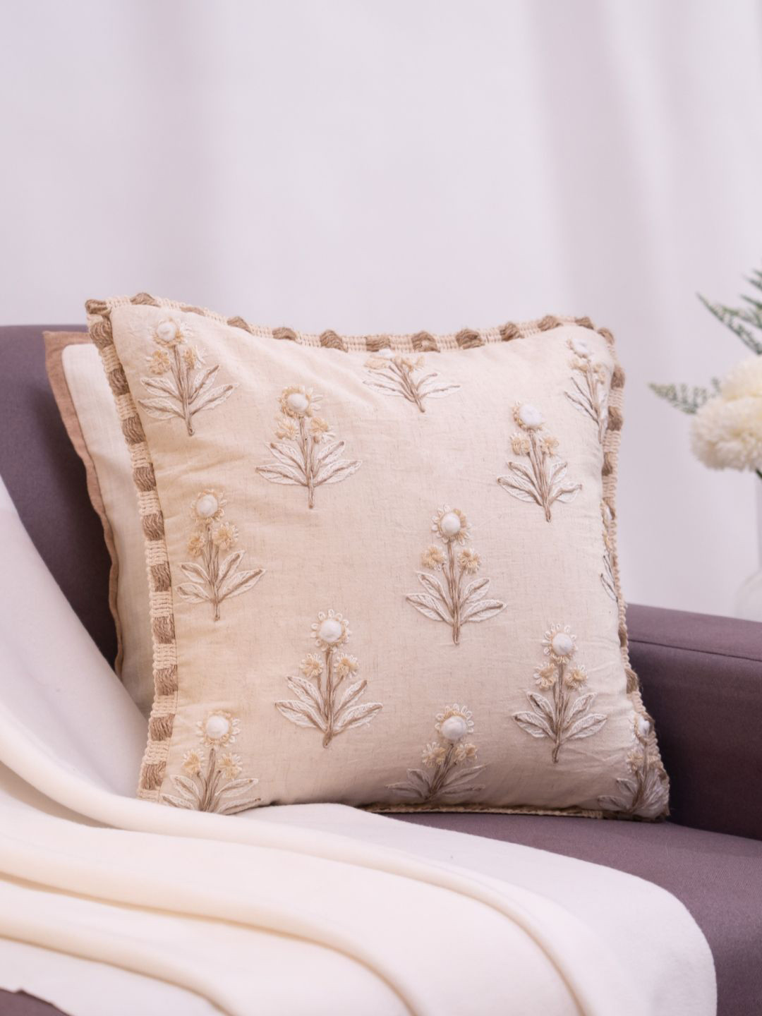 haus & kinder Earthy Elegance Beige & White Embroidered Cotton Square Cushion Cover