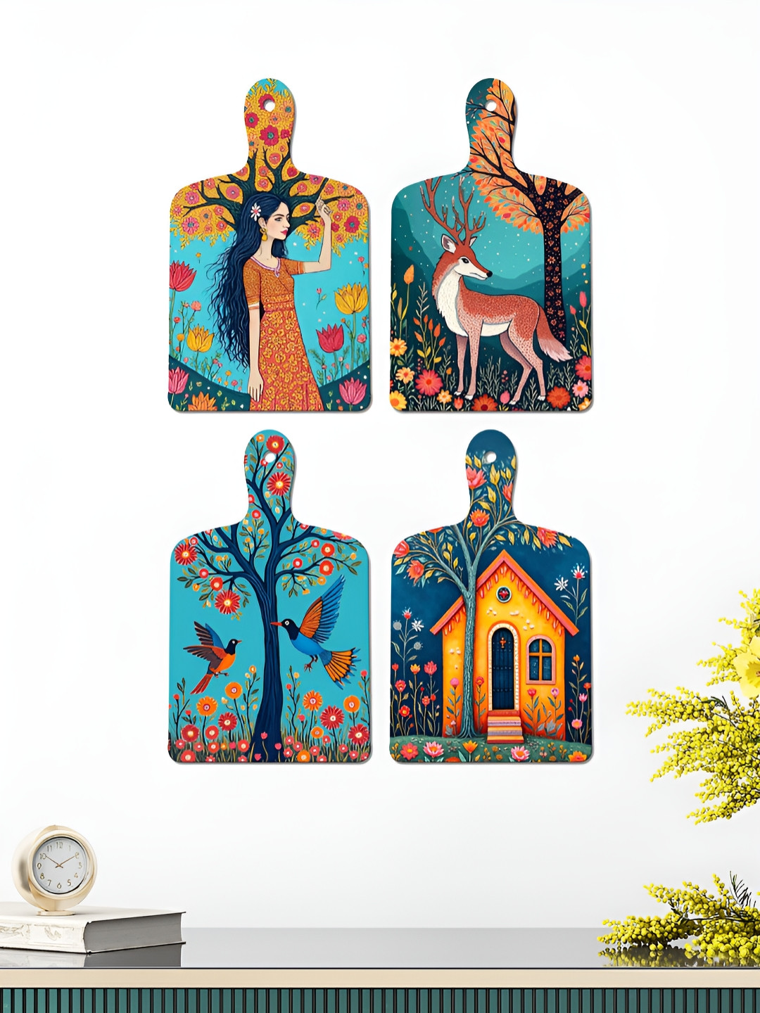 ArtVibes Madhubani Art Wood Floral Matte Hanging Bedroom 4Pcs Signs and Plaques-18.5In