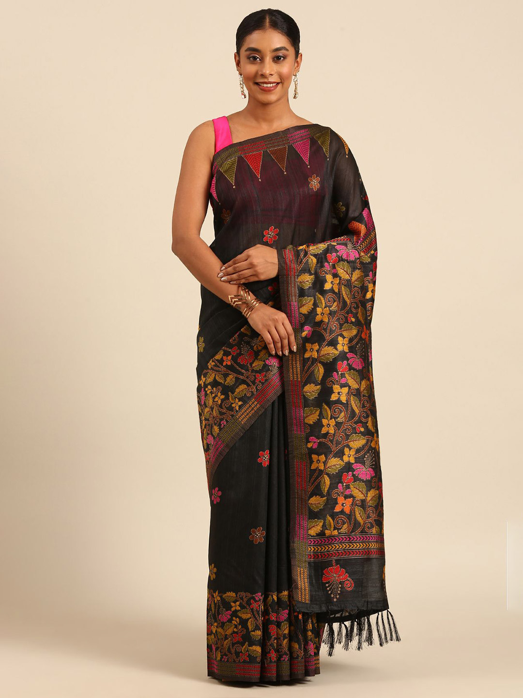 Taashi Thread-woven Floral Pattern Linen Saree