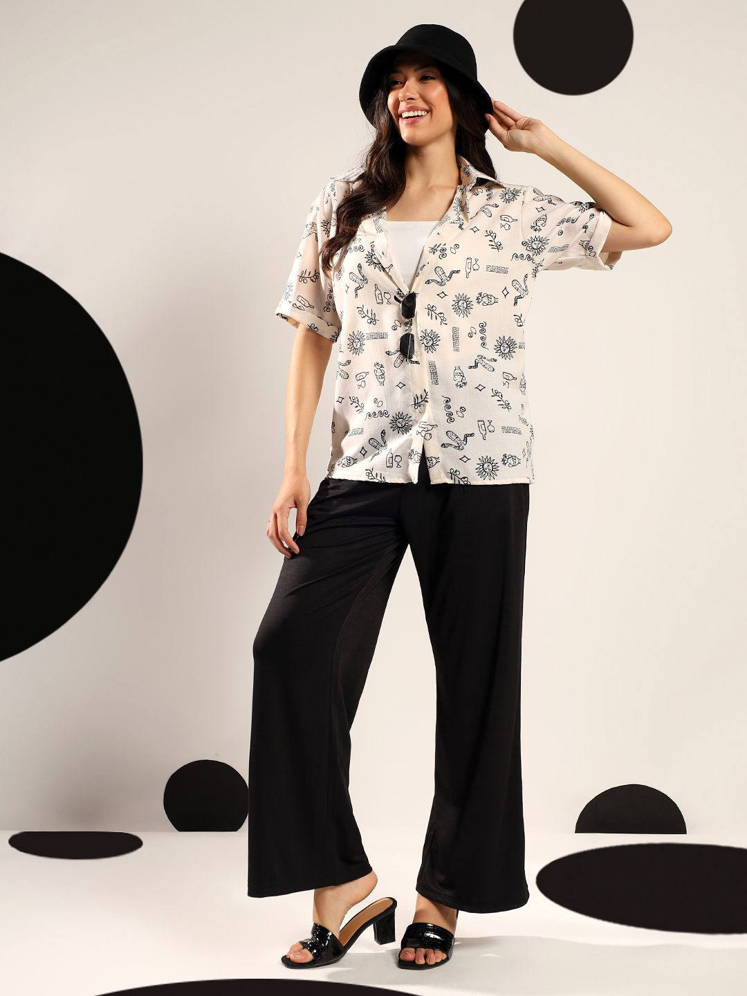 Beige & Black Relaxed Fit Graphic Casual Shirt