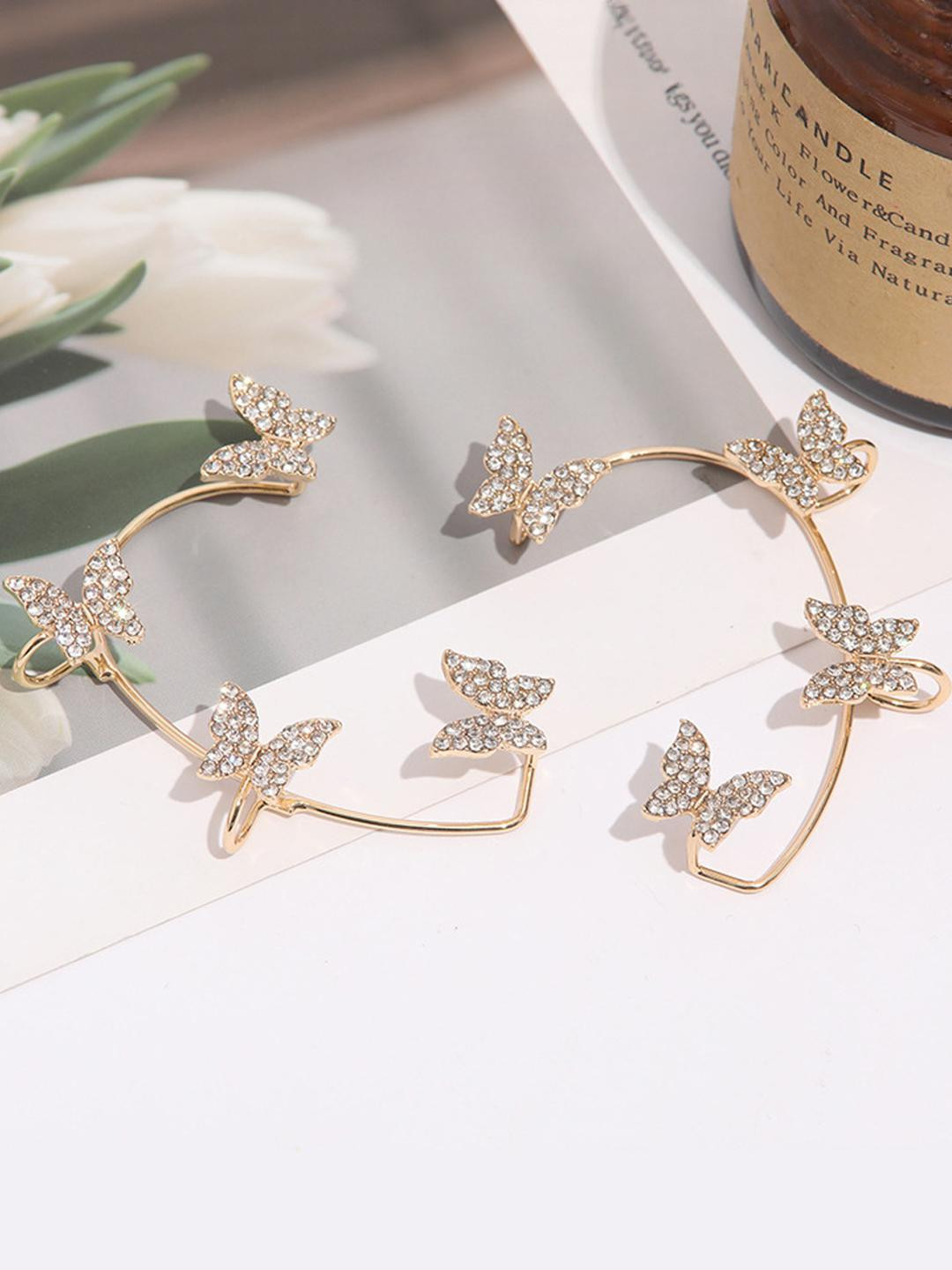 DressBerry Women Gold-Plated Butterflies Cubic Zirconia Ear Cuff Earrings
