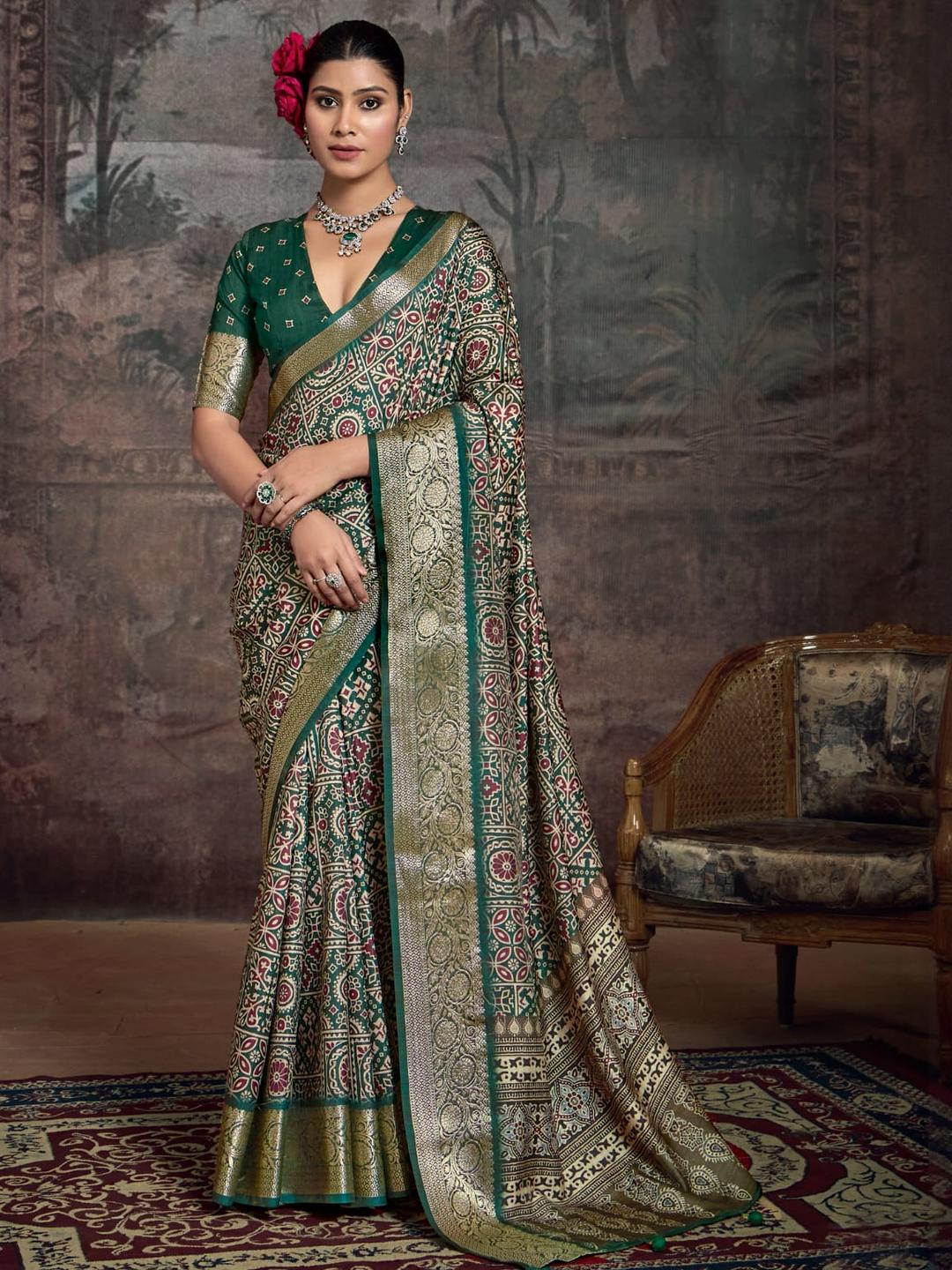 KCPC BANDHANI Green Silk Blend Sarees