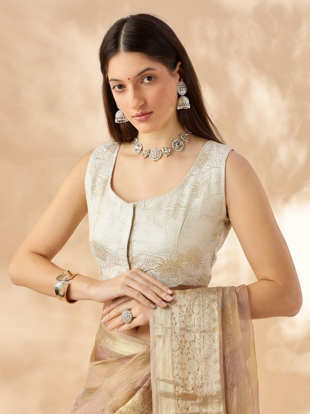 Abhishti Cream Sleeveless Deep Neck Zari Banarasi Blouse