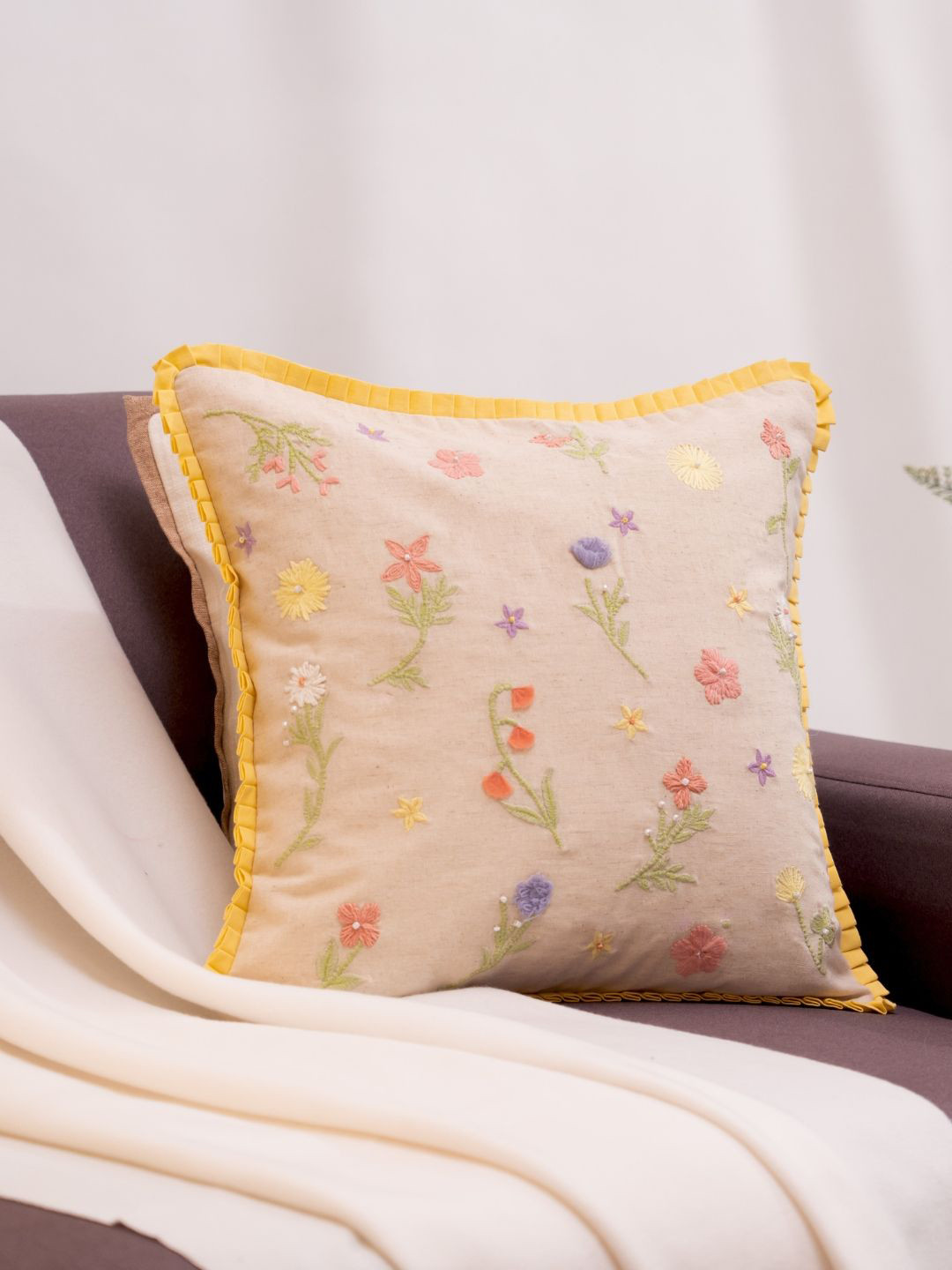 haus & kinder Meadow Whimsy Off White & Pink Embroidered Cotton Square Cushion Covers