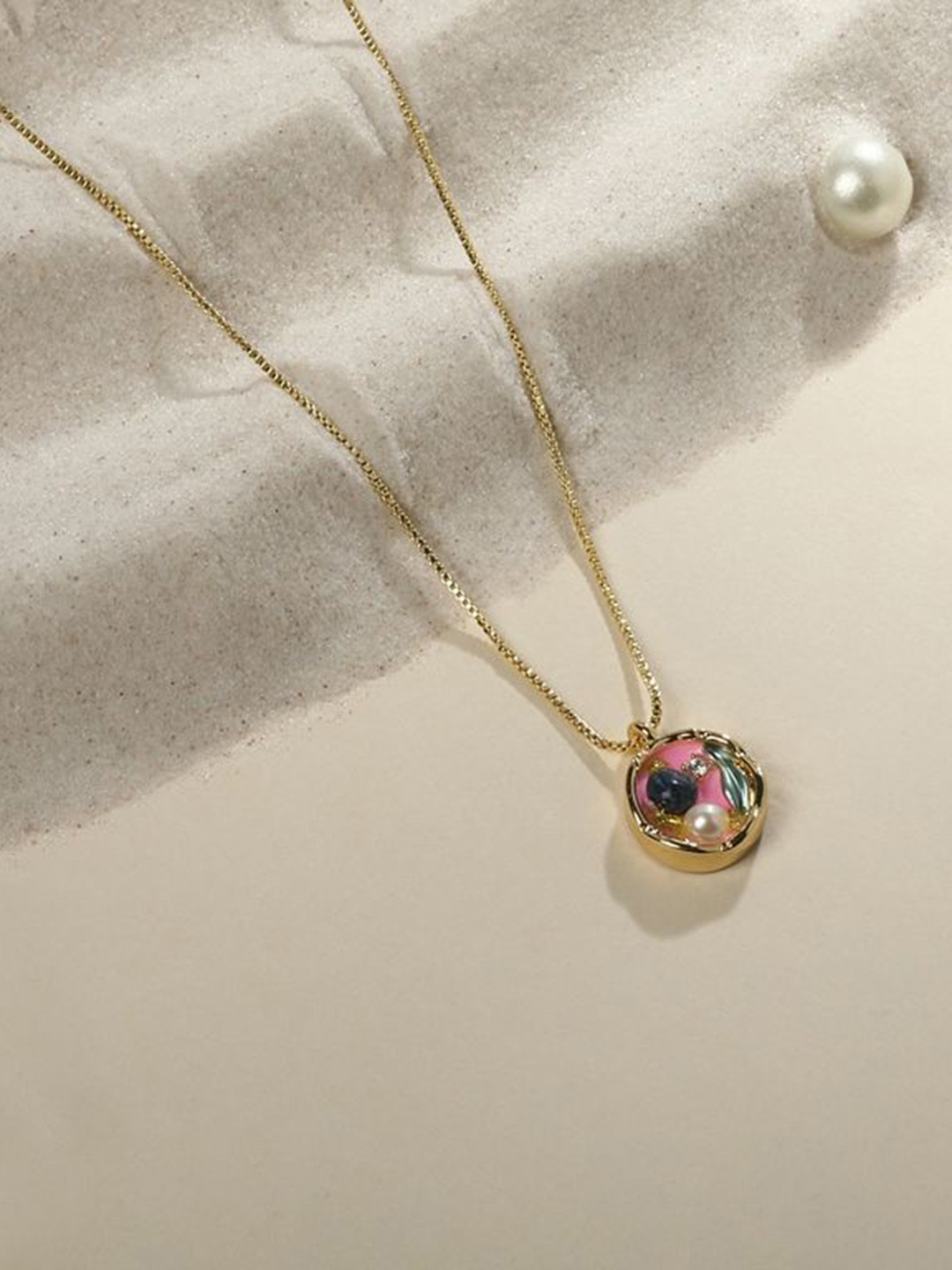 Cierra 18KT Gold-Plated Artificial Stones Studded & Beaded Circular Pendant With Chain